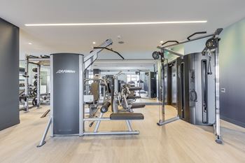 A gym with a variety of equipment including a leg press machine.
